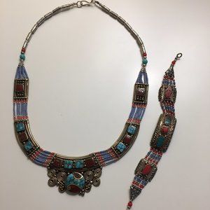 Turquoise and Red Gemstone Tribal Hand-Crafted Necklace and Bracelet